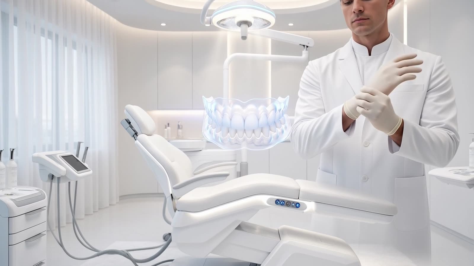 Dentista de luvas preparando o atendimento